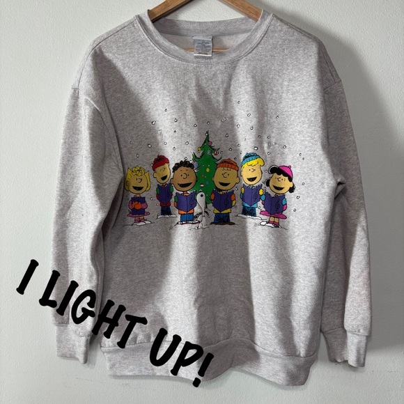 Peanuts Sweaters - Peanuts Light Grey Cute Light Up Ugly Christmas Crew Neck Sweater Size L